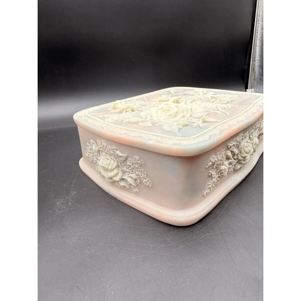 Vintage INCOLAY Pink Stone Flower Bouquet Jewelry Trinket Box